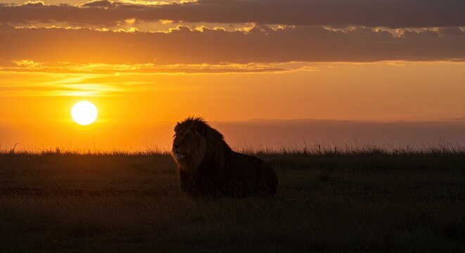 Lion Silhouette at Sunset Savannah.