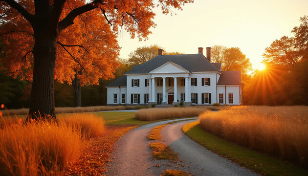 White plantation home with columns on sunny autumn morning. Orange tree leaves, golden grass, and sun rays create warm cozy atmosphere. Gravel driveway leads to grand estate.
