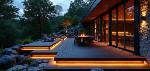 Fototapeta premium Modern multi-level deck with ambient orange lighting, outdoor furniture. Large windows connect deck to interior, overlooking natural forest landscape. Outdoor dining area with table, chairs set for