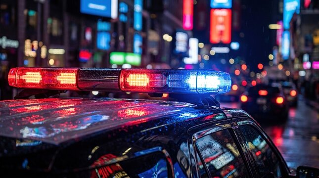 police car lights flashing red and blue on rainy city street at night with neon signs in background.