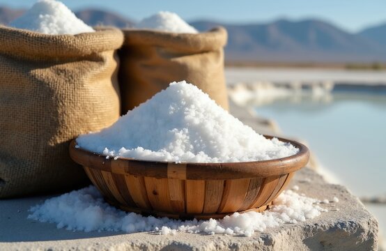 Heap of white sea salt in wooden bowl. Harvested salt in burlap bags near salt lake. Natural mineral resource, food seasoning, healthy lifestyle.