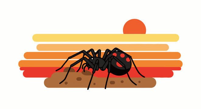 A stylized black widow spider with red spots on its abdomen is in a desert-like landscape under an orange sun