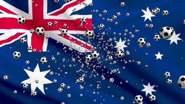 Australia Flag Waving Background with Spinning Soccer Balls Loop