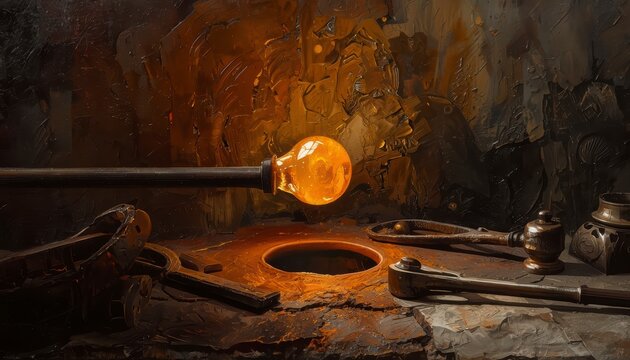 A dramatic chiaroscuro oil painting of a traditional glassblowing workshop with molten glowing glass on a blowpipe