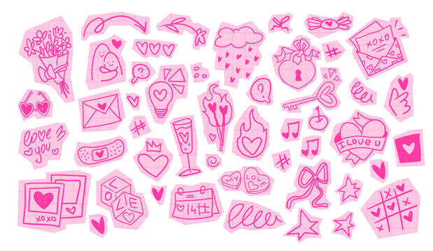 Scrapbook love stickers with pink doodle icons on paper background. Vector set of cute hearts, romantic messages, ribbon bows, locks and keys, Valentine Day collage design elements, girly craft