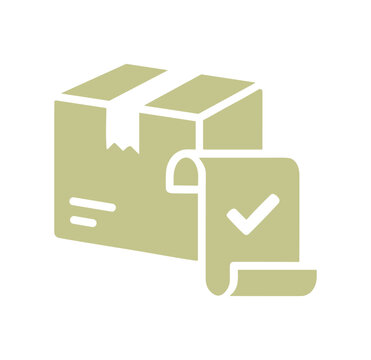 Vector icon of a cardboard box with a shipping label and a check mark symbol for delivery confirmation