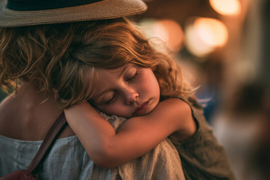Tired young child sleeping on a parent's shoulder during a summer evening, representing family travel, childhood fatigue, parenting care and tender vacation moments