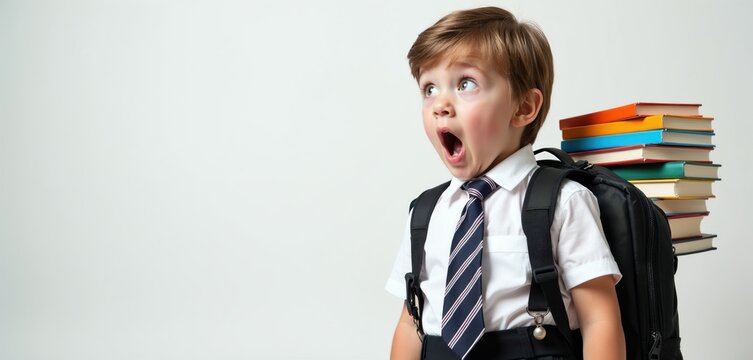 Child wears school uniform and backpack loaded with books. Boy looks surprised with mouth open, eyes wide. Heavy books symbolize academic burden and scholastic challenges.