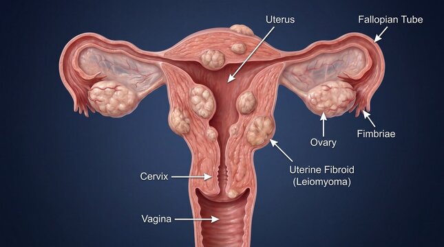Detailed medical illustration of a human uterus with multiple uterine fibroids or leiomyomas including parts for ovaries fallopian tubes and a cervix