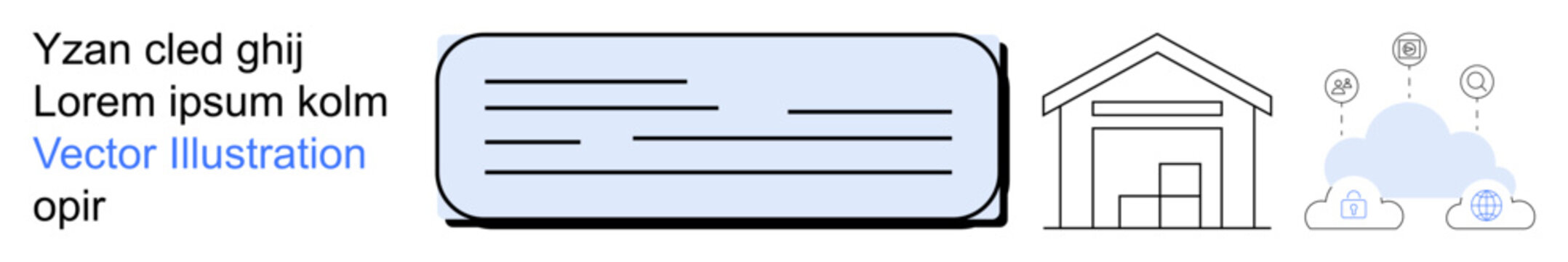 Digital storage, online collaboration, cloud computing, real estate, seamless workflow, document management. A document layout, building icon and cloud storage graphic. Digital storage