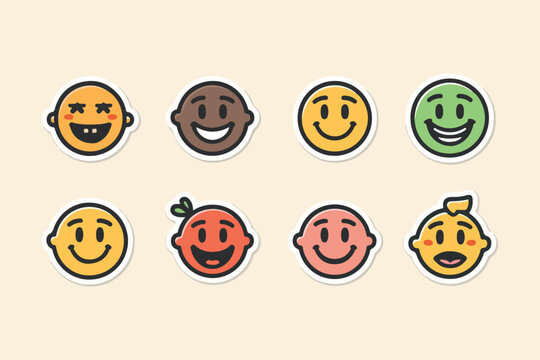 Smiling Cartoon Character and Mascot Illustration Set with Funny Doodle Figures, Playful Expressions, and Colorful Minimalist Sticker Designs on Clean Background