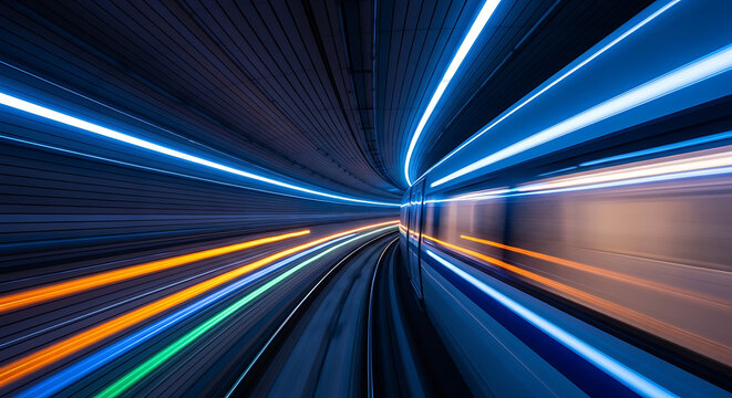 High Speed Futuristic Train Moving Through Tunnel with Motion Blur and Neon Glowing Light Streaks