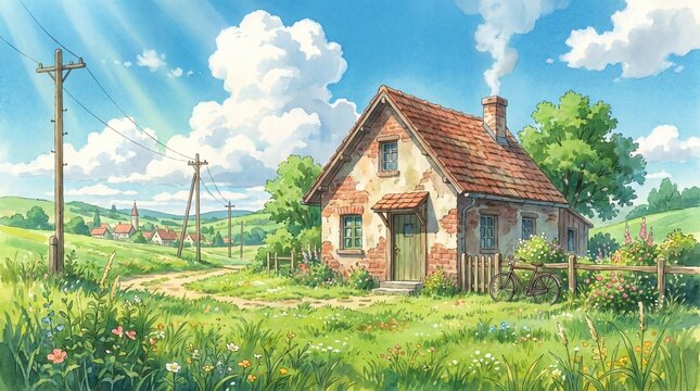 Charming watercolor style illustration of a rustic stone cottage in a lush green meadow under a bright sunny sky with fluffy clouds and power lines