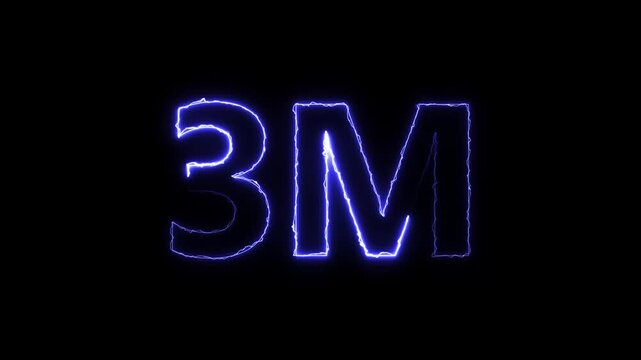 3 m neon glowing text animation with electric lightning effect on black background.