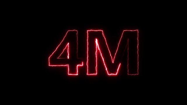 4 m neon glowing text animation with electric energy effect on black background, four million.