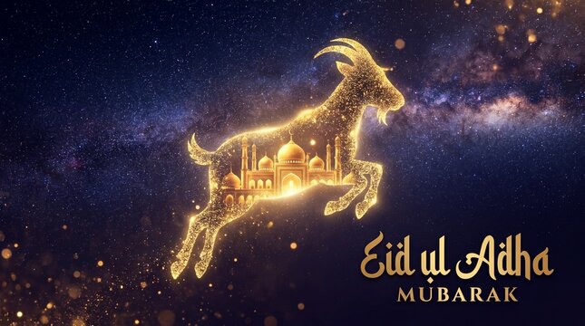 Eid Al Adha greeting card with a golden glowing silhouette of a jumping sacrificial goat featuring a mosque interior against a starry night sky