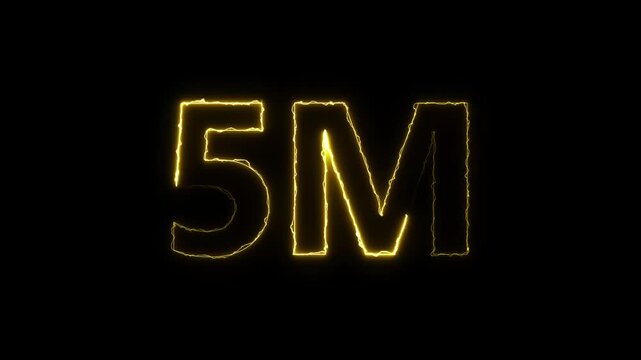 5 m glowing neon text animation, golden electric energy effect on black background, for milestone celebration.