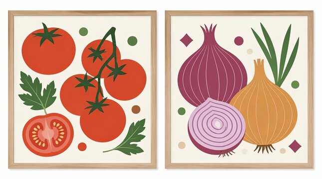 Minimalist representations of diverse produce crops fill square compositions as framed wall art displays featuring vibrant tomatoes and onions in a modern gigapixel cgi style for kitchen decor.