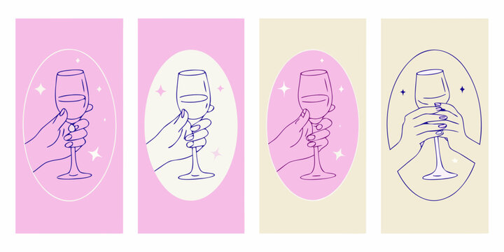 wine glass line art panels hand holding stemware illustration
