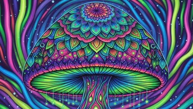 An ornate psychedelic mushroom with a glowing mandala cap and dripping light.