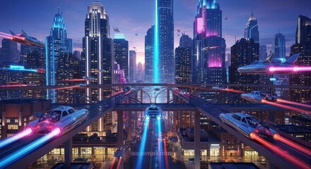 Fototapeta premium Futuristic cityscape with flying cars at dusk showcasing urban innovation and advanced technology