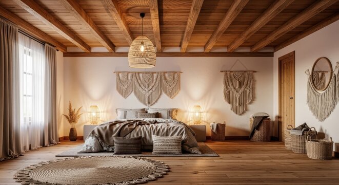 Cozy bohemian bedroom with wood ceiling and macrame decor in warm tones