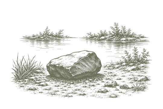 Engraving style vector illustration of a large boulder rock on the shore of a calm lake or river landscape, designed as a vintage nature scene.