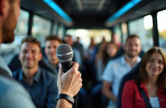 Tour guide holds microphone speaking to passengers on city bus tour. Group enjoys journey, listens to commentary about local attractions and sightseeing.