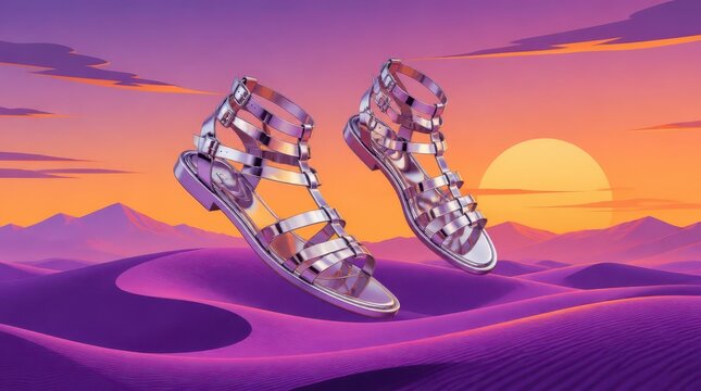 Metallic Gladiator Sandals Floating Above a Surreal Neon Violet Desert Landscape at Sunset, Cinematic Widescreen View of Futuristic Fashion Accessories Against an Orange Sun and Purple Dunes Backgroun