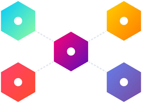 Five step gradient honeycomb process infographic with connected hexagonal nodes on a clean white background.