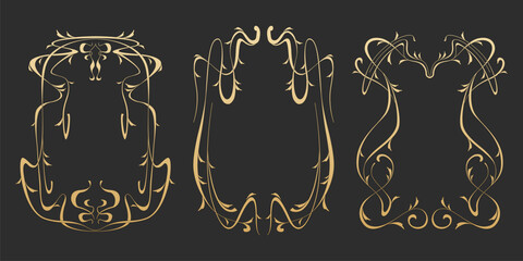 Naklejka na ściany i meble Elegant art nouveau frames set with golden floral design isolated on black background. Vector illustration of vintage decorative borders for luxury wedding invitation, luxury card, restaurant menu