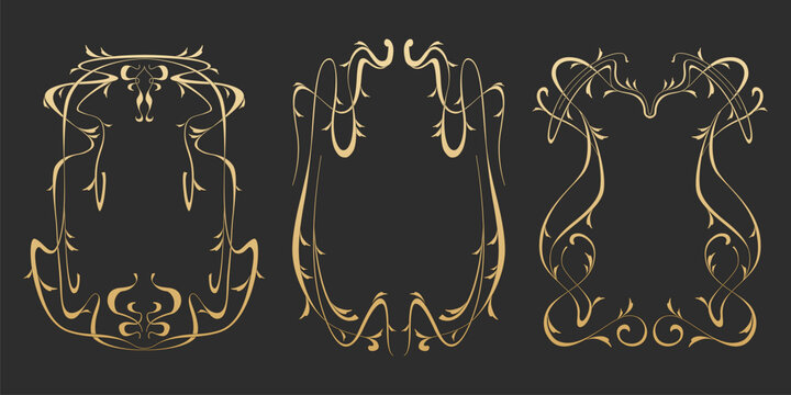 Elegant art nouveau frames set with golden floral design isolated on black background. Vector illustration of vintage decorative borders for luxury wedding invitation, luxury card, restaurant menu