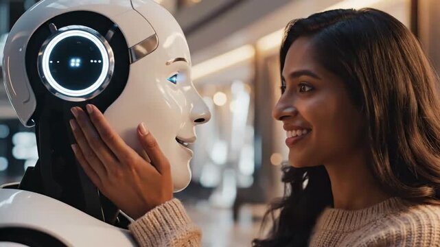 Woman Gently Touching Robot Face | Future Technology Connection Empathetic AI Interaction