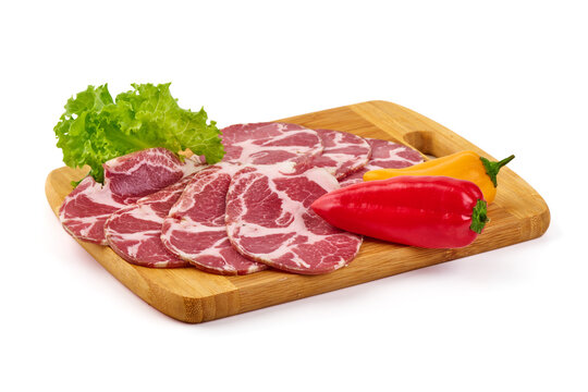 Capocollo Slices with Sweet Peppers, isolated on white background