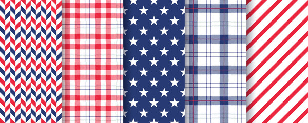 Fototapeta premium American seamless pattern. 4th July patriotic backgrounds. Happy independence texture. Set geometric prints with stars, stripes, plaid. Blue red wrapping paper. Abstract wallpaper. Vector illustration