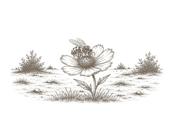 Engraving style vector illustration of a honeybee collecting nectar from a blooming wildflower, ideal for botanical and ecological designs. © Chairul