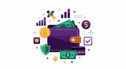 Fototapeta premium Digital Wallet and Financial Management Concept Vector Illustration with Cash, Credit Card, and Growth Icons