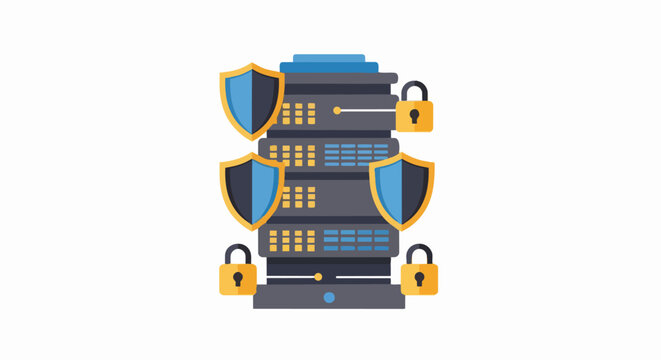 Cyber Security Concept: Secure Server Rack with Protective Shields and Padlocks for Data Privacy and Hosting Protection Illustration