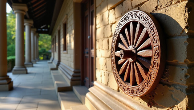 Carved Dharma wheel on stone wall in serene temple setting, spirituality