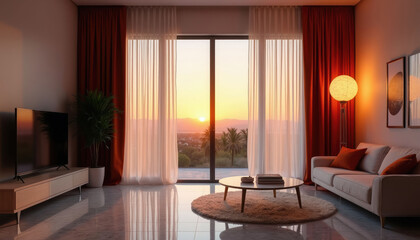 Obraz premium Modern living room with large windows showing sunset view. Sheer and dark curtains frame the scene. Elegant interior design with sofa and coffee table.