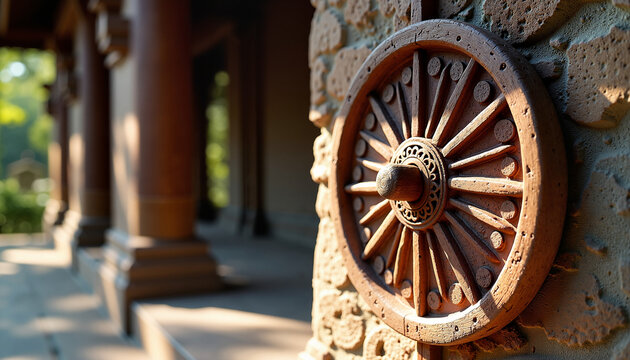 Dharma wheel carved from wood on stone wall, peaceful serenity