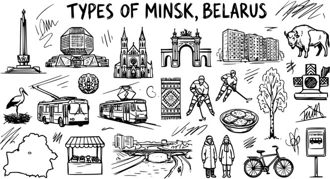 Black  White Line Art Hand-drawn Sketch Collection of Minsk, Belarus Landmarks, Travel, and Culture Symbols. City and Lifestyle Icons Set.