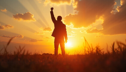 Silhouette of man raising fist in sunset field, symbolizing freedom