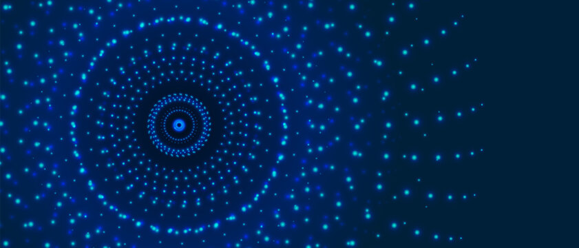 Vortex tunnel circularly twisted with bright blue glare shining particles, Tech helix abstract background dark blue, AI technological dark blue background design.