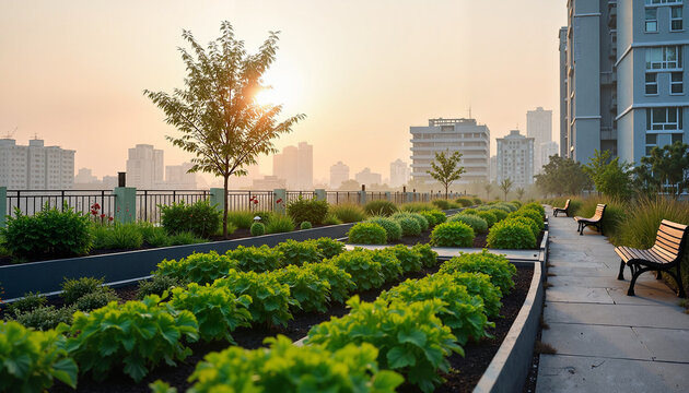 Serene urban rooftop garden at sunrise, cultivating tranquility