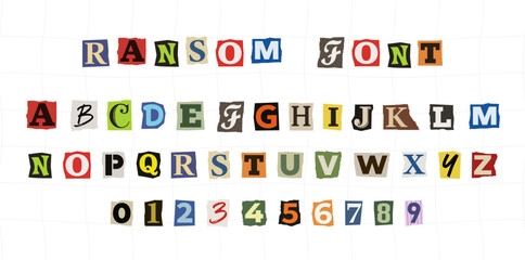 ransom font cutout alphabet collage vector set with colorful paper letters numbers and random magazine typography style © Graphic Land