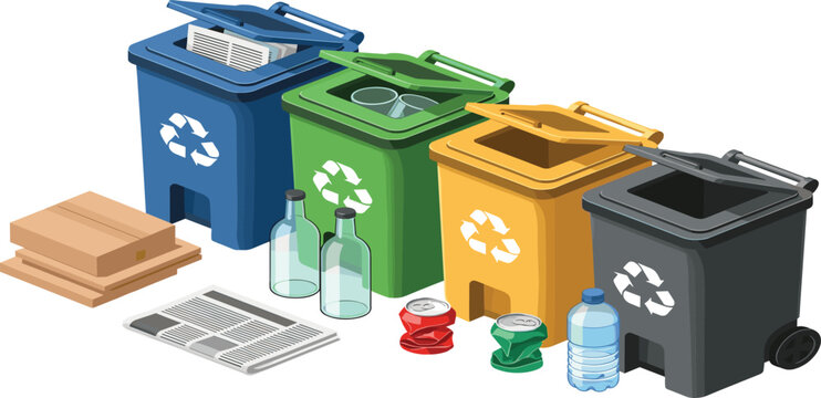 Isometric Waste Sorting Recycle Bins Set with Color Coded Containers for Paper Glass Metal and Plastic Trash Separation Concept Illustration