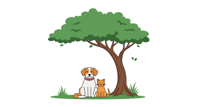 Dog and Cat Sitting Together Outdoors.
