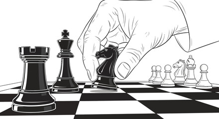 Hand moving black knight chess piece on a chessboard © Mirah