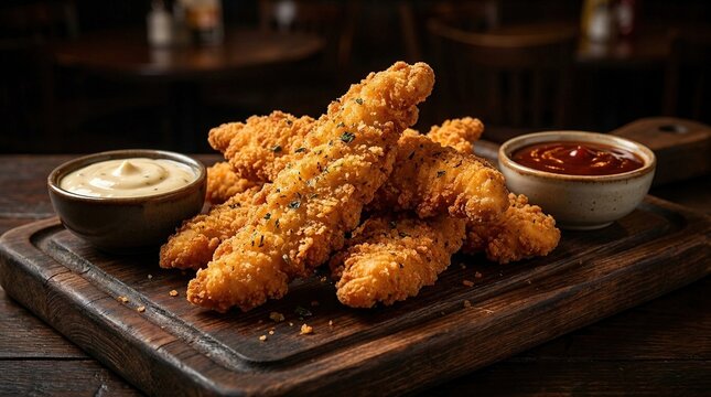 Crispy golden chicken tenders with creamy mayonnaise and barbecue sauce on a wooden board delicious fast food.